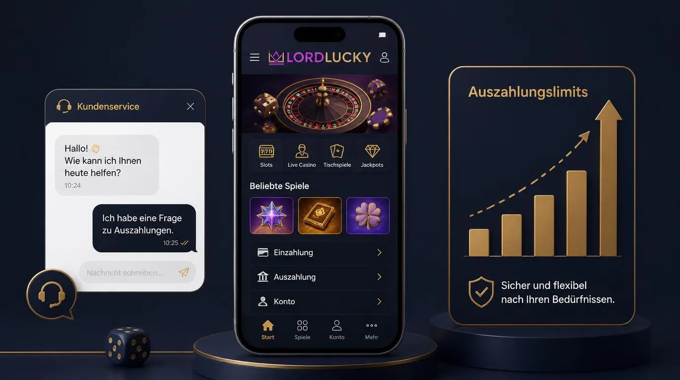 Smartphone mit Casino-App neben Symbolen für deutschen Support und hohe Auszahlungslimits